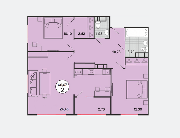 Планировка 2-комн 68,07 м²