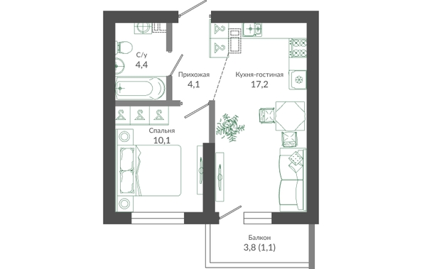 Планировка 1-комн 7 - 36,9 м²