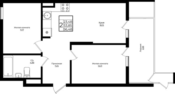 Планировка 2-комн 56,48 - 58,27 м²