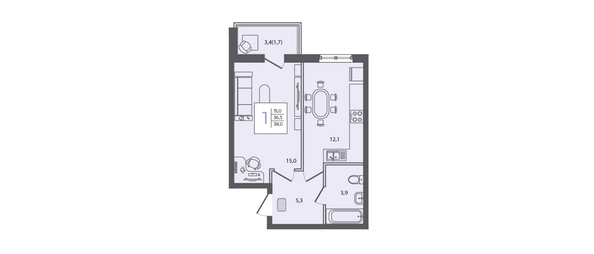 Планировка 1-комн 38 м²