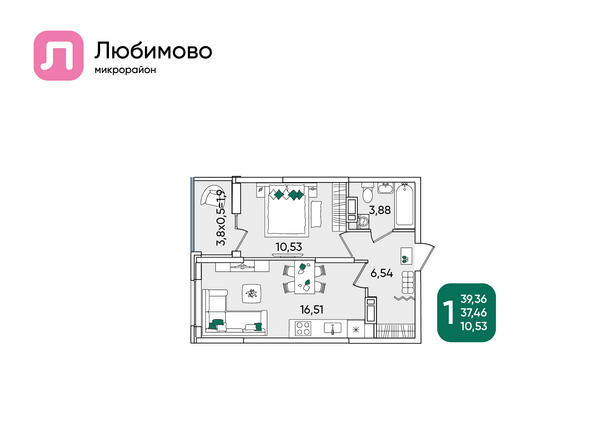 Планировка 1-комн 39,36 м²