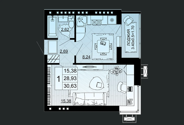 Планировка 1-комн 30,63 м²