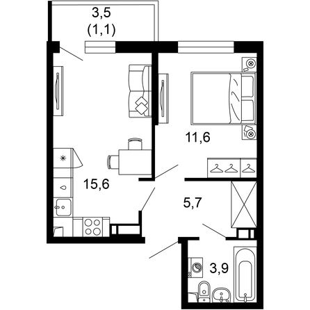 Планировка 1-комн 37,9 м²