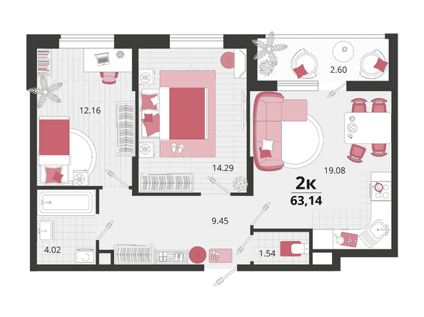 Планировка 2-комн 63,14 м²