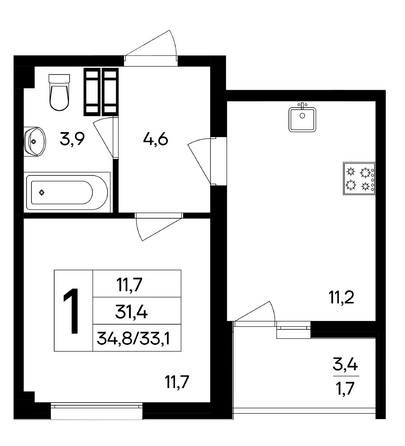 Планировка 1-комн 34,8 м²