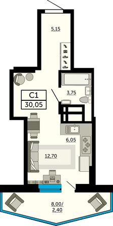 Планировка Студия 30,05 м²