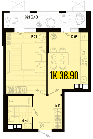 Планировка 1-комн 38,9, 39,31 м²