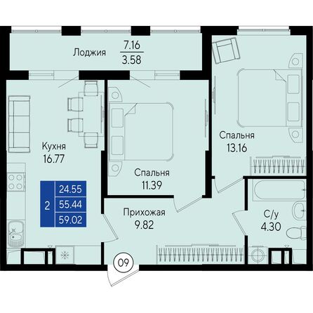 Планировка 2-комн 59,02 м²