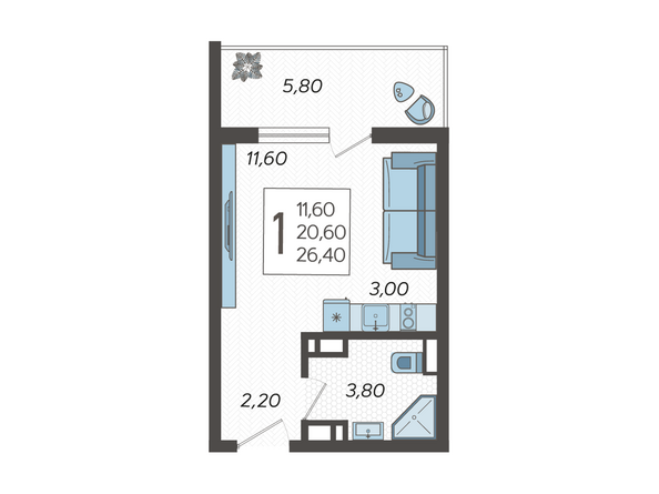 Планировка 1-комн 26,4 м²