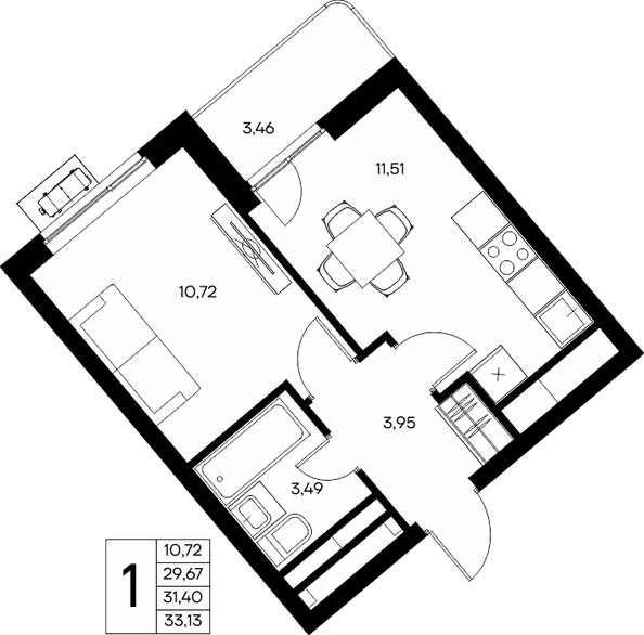 Планировка 1-комн 33,13, 33,55 м²