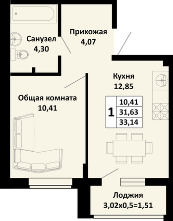 Планировка 1-комн 33,14 м²