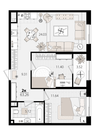 Планировка 2-комн 63,05 м²