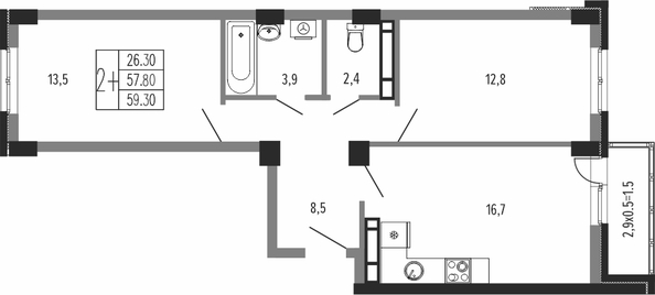 Планировка 2-комн 59,3 м²