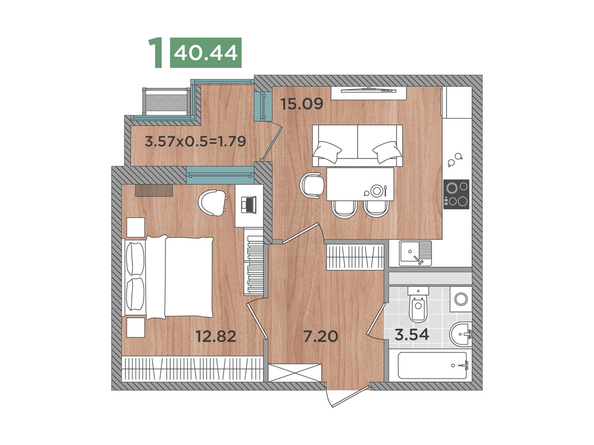 Планировка 1-комн 40,44 м²