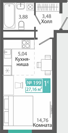 Планировка 1-комн 27,16 м²