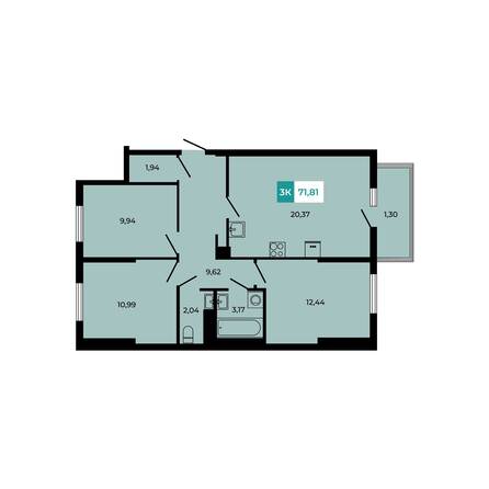 Планировка 3-комн 71,81 м²