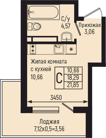 Планировка Студия 21,85 м²