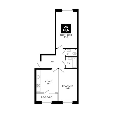 Планировка 2-комн 61,2, 61,6 м²