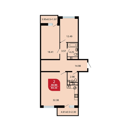 Планировка 2-комн 93,33 м²