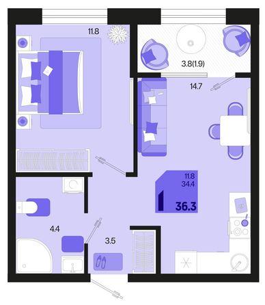 Планировка 1-комн 36,3 м²