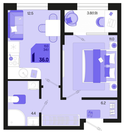 Планировка 1-комн 36 м²