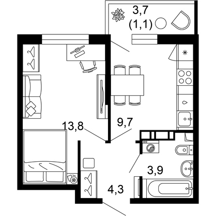 Планировка 1-комн 32,8 м²