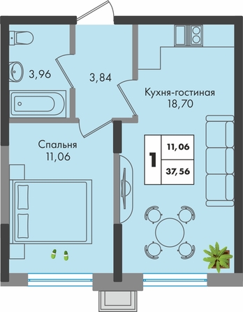 Планировка 1-комн 37,56 м²