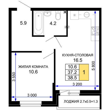 Планировка 1-комн 38,5 м²