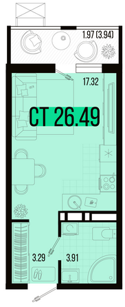 Планировка 1-комн 26,49 - 28,55 м²