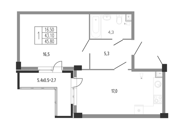 Планировка 1-комн 45,8 м²