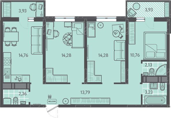 Планировка 3-комн 77,95 м²