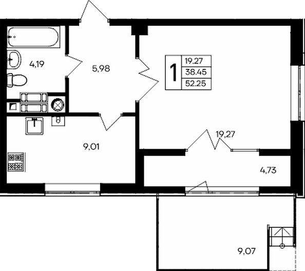 Планировка 1-комн 52,25 м²