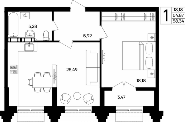Планировка 1-комн 58,33, 58,34 м²