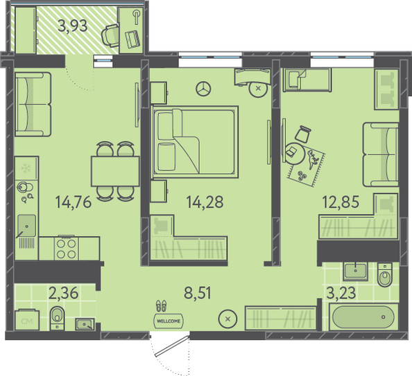 Планировка 2-комн 57,17 м²