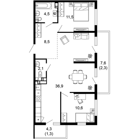 Планировка 2-комн 77,7 м²