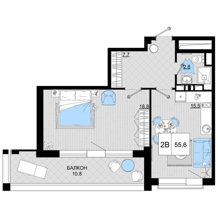 Планировка 2-комн 55,6 м²