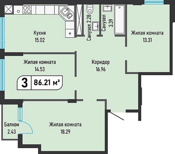 Планировка 3-комн 86,21 м²