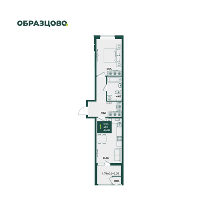 Планировка 1-комн 44,36 м²