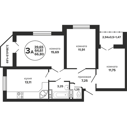 Планировка 3-комн 66,8 м²