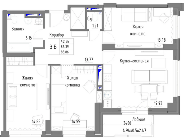 Планировка 3-комн 88,86 м²