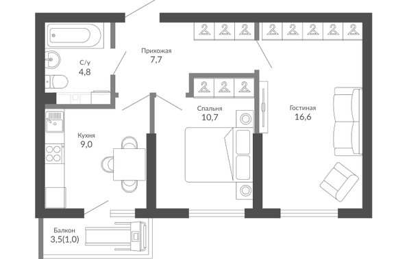 Планировка 2-комн 49,8 м²