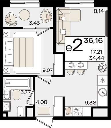 Планировка 2-комн 36,16 м²