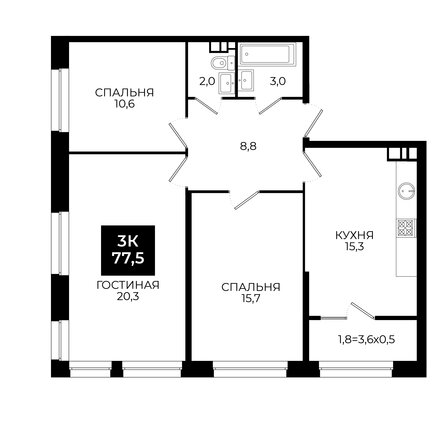 Планировка 3-комн 77,5 м²