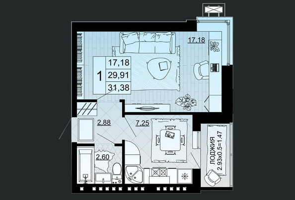 Планировка 1-комн 31,38 м²