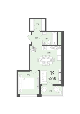 Планировка 1-комн 45,9 м²