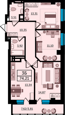 Планировка 3-комн 75,8 - 76 м²