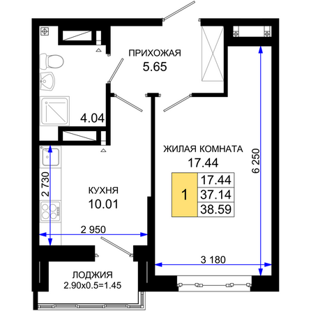 Планировка 1-комн 38,59 м²