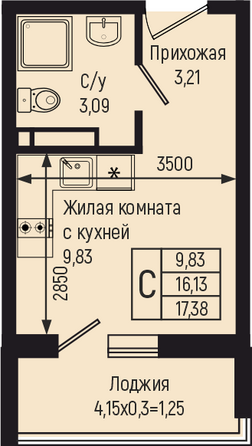 Планировка Студия 17,38 м²