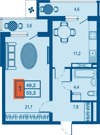 Планировка 1-комн 49,2 - 49,5 м²