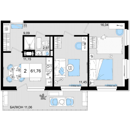 Планировка 2-комн 61,76 м²